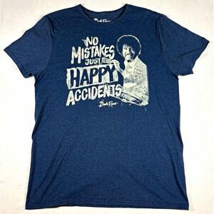 Bob Ross Mens M Blue "No Mistakes Just Happy Accidents" Graphic Crew T-Shirt